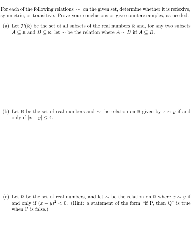 Solved For Each Of The Following Relations On The Given Chegg