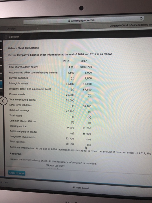 A V Balance Sheet Calculations Fermer Company S Chegg