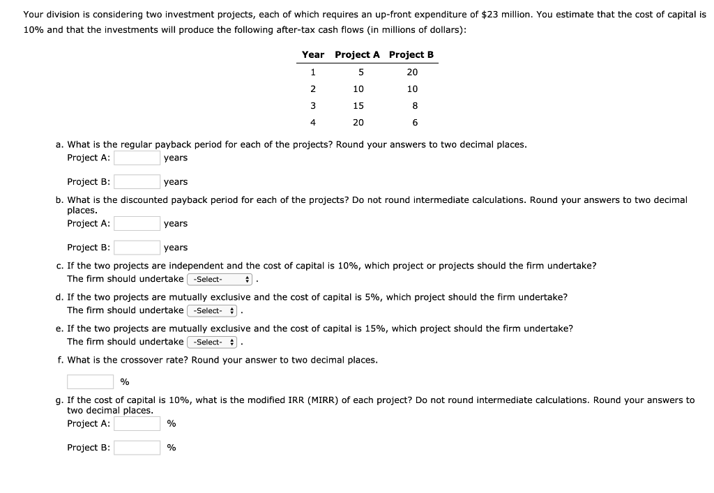 Solved Your Division Is Considering Two Investment Projects Chegg