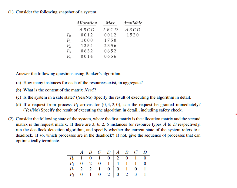 Solved Consider The Following Snapshot Of A System Chegg