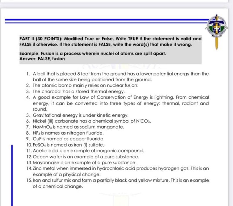 Solved PART II 30 POINTS Modified True Or False Write Chegg