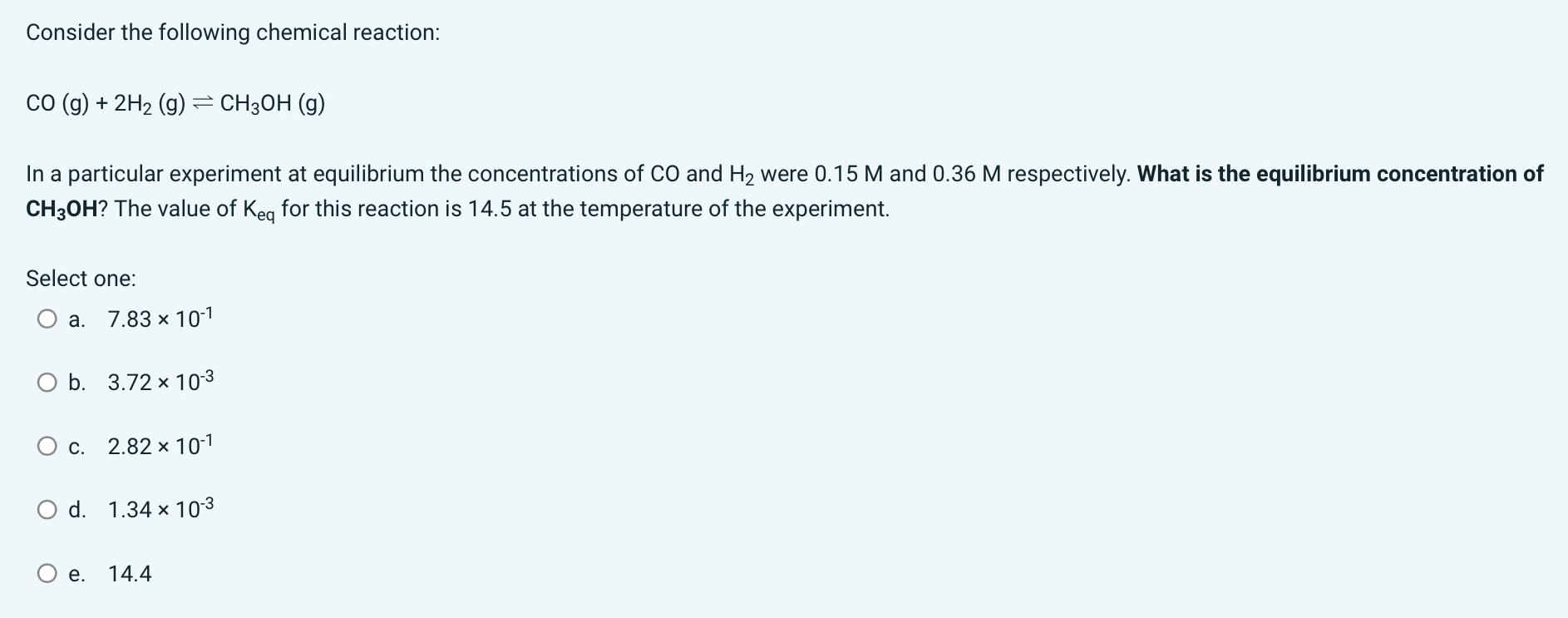 Solved Consider The Following Chemical Reaction CO G 2H2 Chegg