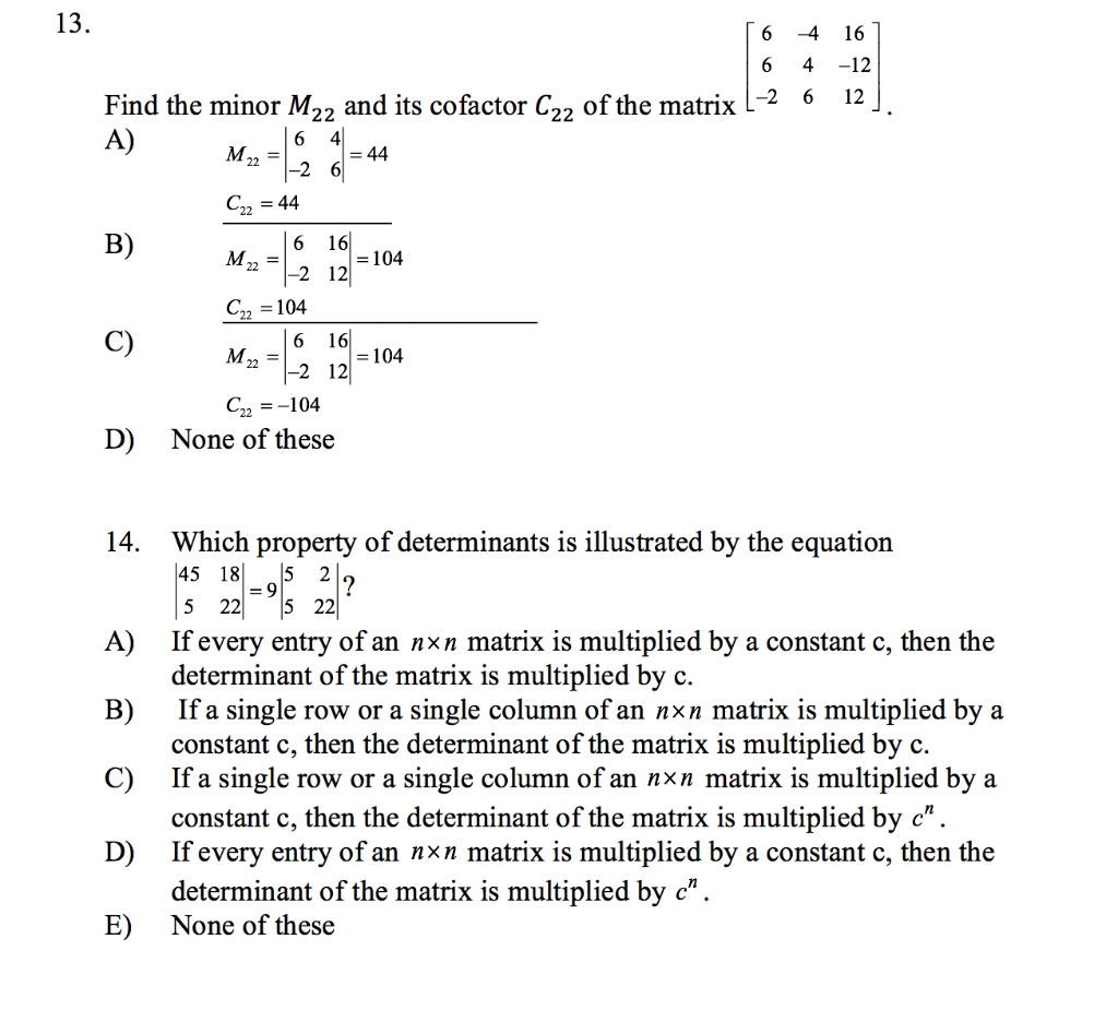 Solved Find The Minor M And Its Cofactor C Of Chegg