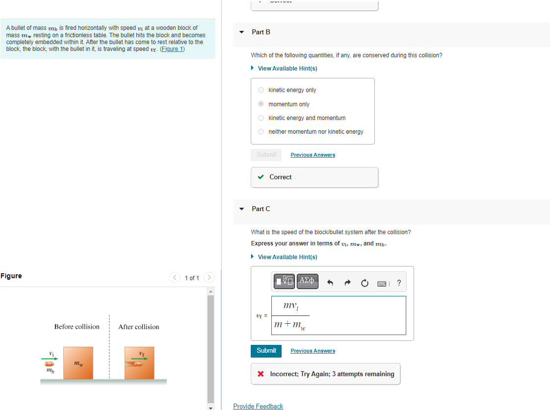 Solved A Bullet Of Mass Mb Is Fired Horizontally With Speed Chegg