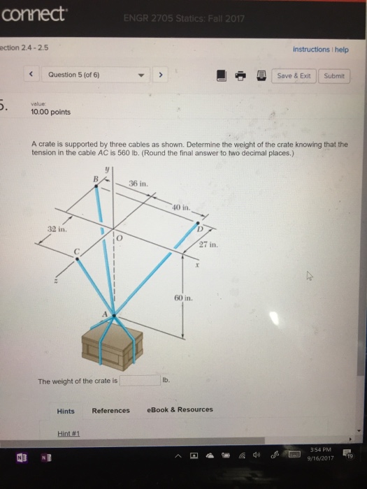 Solved A Crate Is Supported By Three Cables As Shown Chegg