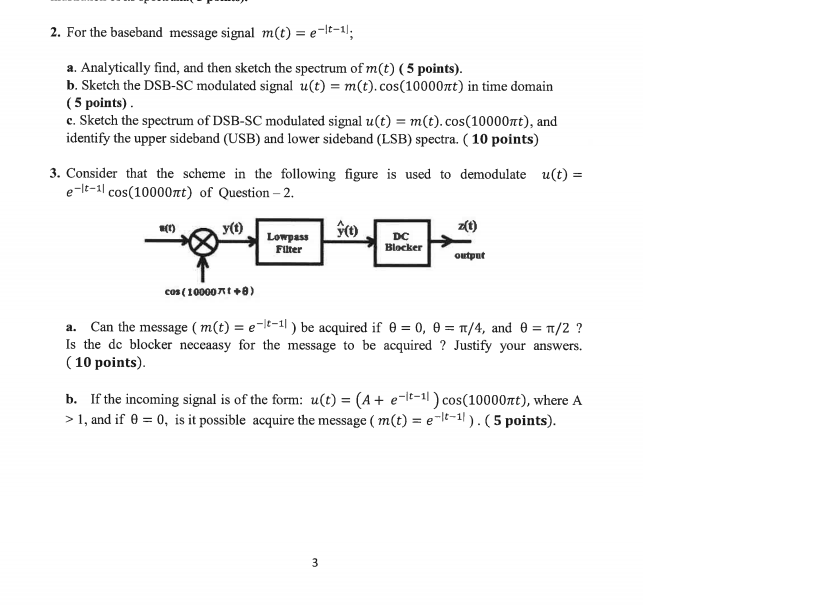 Solved 2 For The Baseband Message Signal M T E T 1 A Chegg