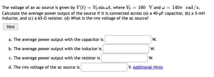 Solved The Voltage Of An Ac Source Is Given By V T V Sin T Chegg