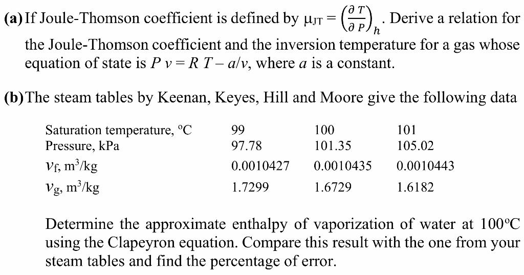 Solved If Joule Thomson Coefficient Is Defined By Jt Chegg