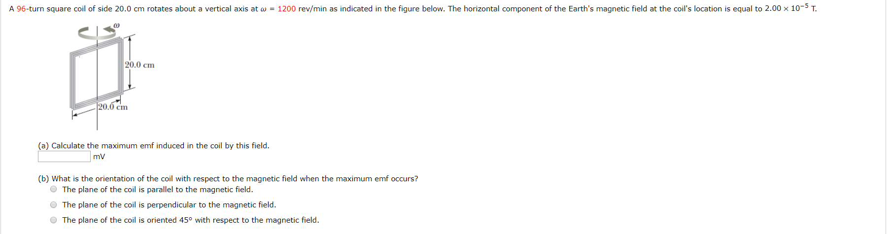 Solved A 96 Turn Square Coil Of Side 20 0 Cm Rotates About A Chegg