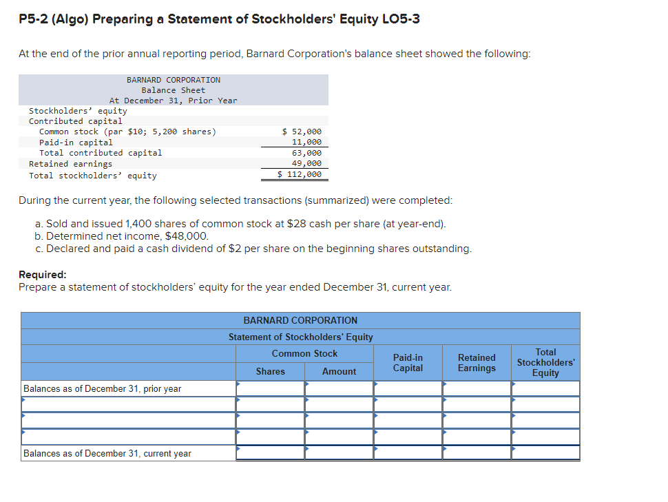 Solved P5 2 Algo Preparing A Statement Of Stockholders Chegg