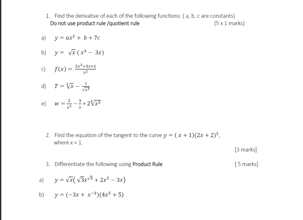 Solved 1 Find The Derivative Of Each Of The Following Chegg