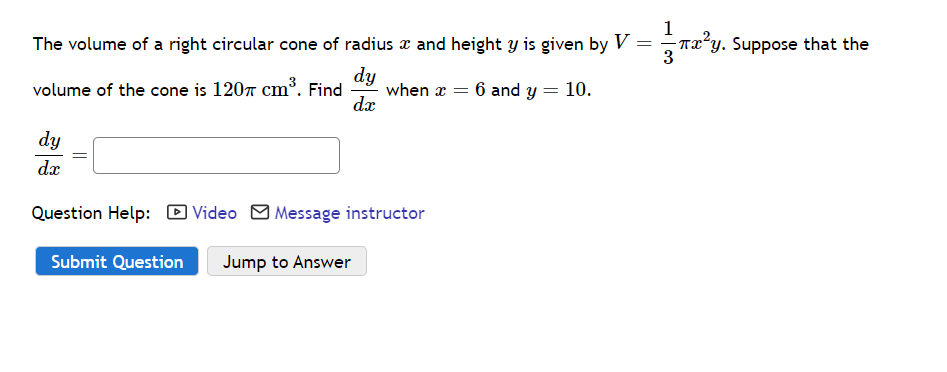 Solved The Volume Of A Right Circular Cone Of Radius X And Chegg