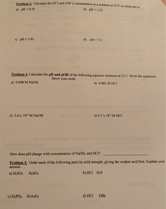 Solved Calculate The H And Oh Concentration In A Chegg