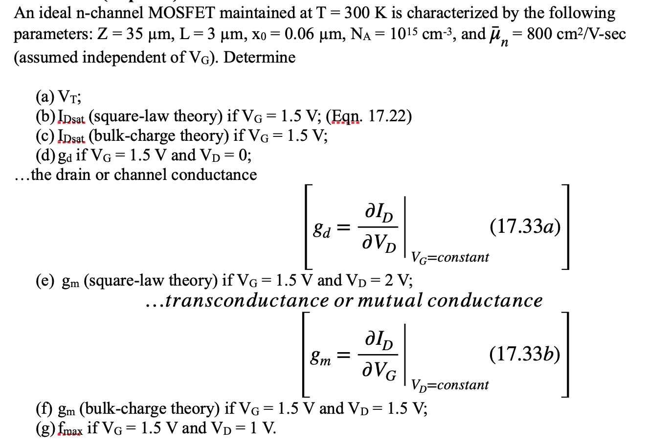 Solved An Ideal N Channel Mosfet Maintained At T K Is Chegg