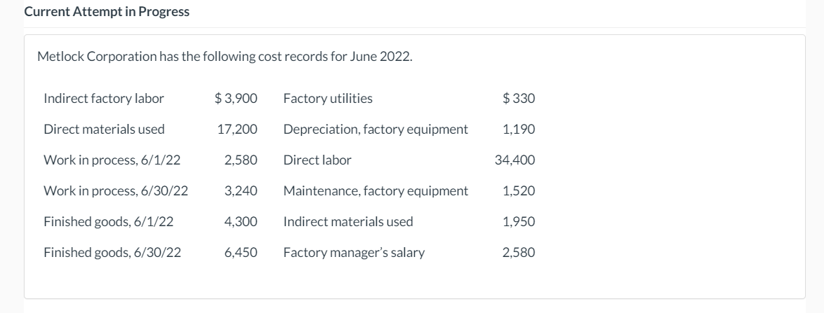 Solved Current Attempt In Progress Metlock Corporation Has Chegg