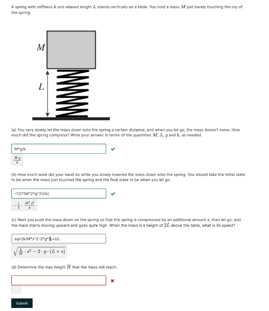 Solved A Spring With Stiffness K And Relaxed Length L Stands Chegg