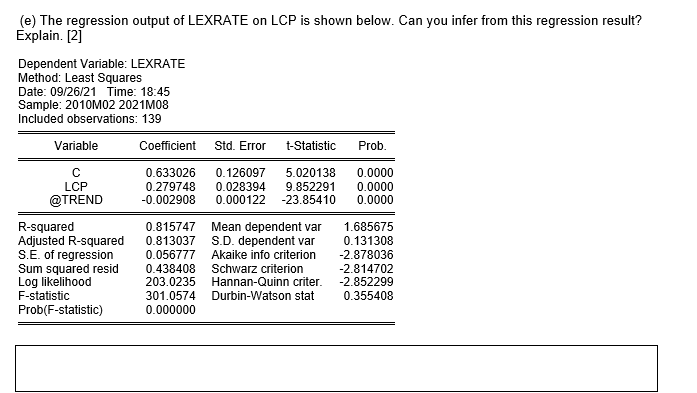 Solved E The Regression Output Of Lexrate On Lcp Is Shown Chegg