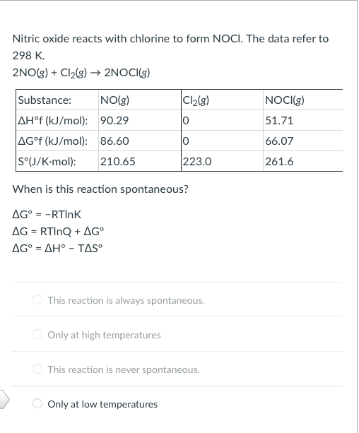 Solved Nitric Oxide Reacts With Chlorine To Form Noci The Chegg