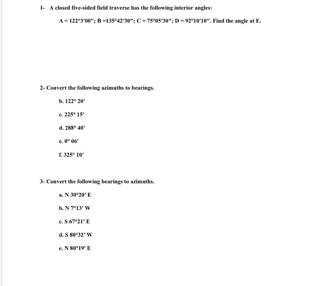 Solved 1 A Closed Five Sided Field Traverse Has The Chegg