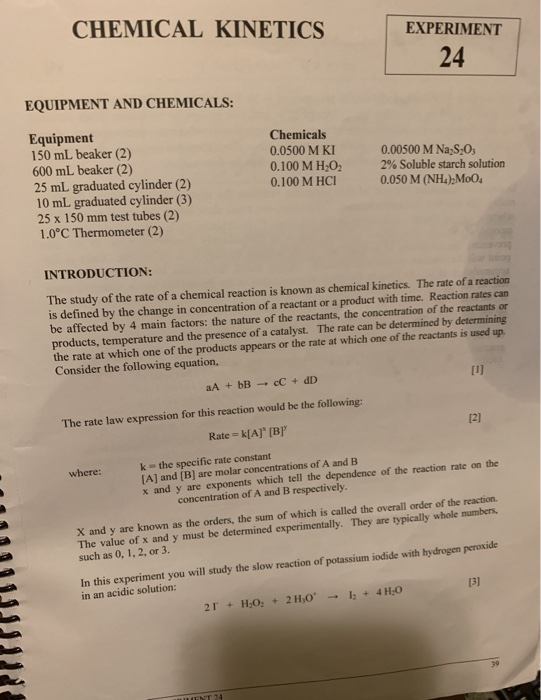 Solved Chemical Kinetics Experiment Equipment And Chegg