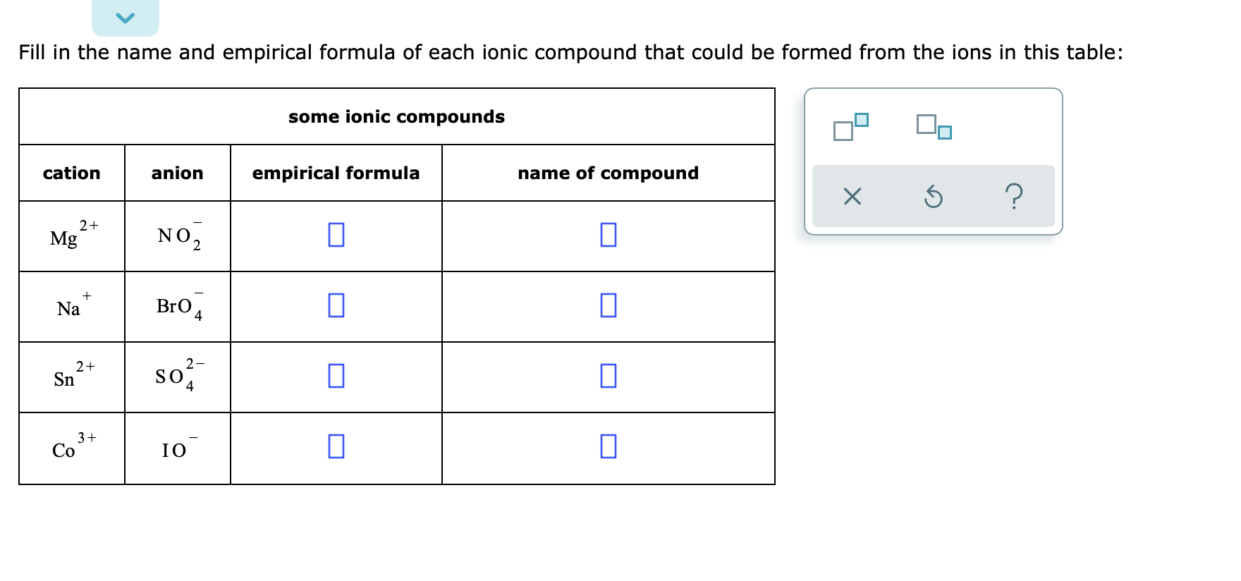 Solved Fill In The Name And Empirical Formula Of Each Ionic Chegg