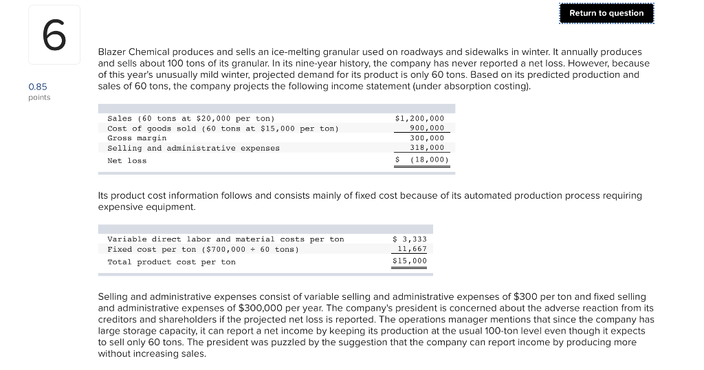 Solved Return To Question Blazer Chemical Produces And Sells Chegg