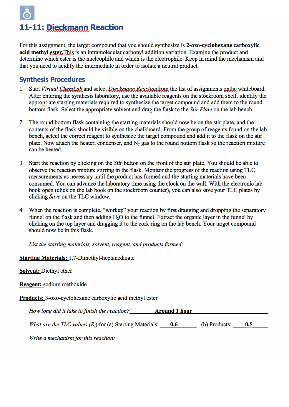 Solved Ö 11 11 Dieckmann Reaction For this assignment the Chegg