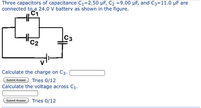 Solved Three capacitors of capacitance C1 2 50 μF C2 9 00 Chegg