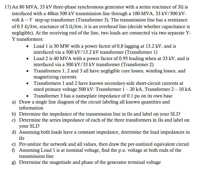 Solved 17 An 80 MVA 33 KV Three Phase Synchronous Chegg