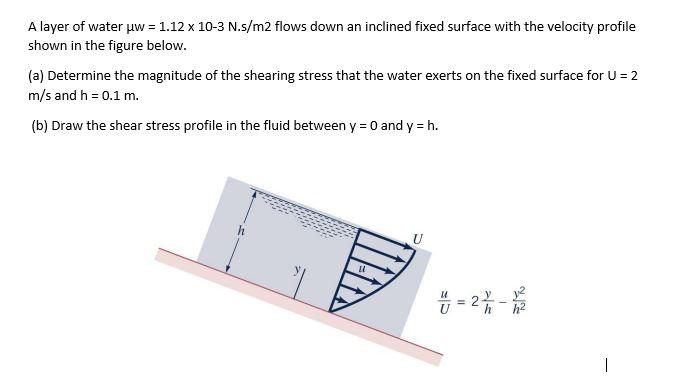 Solved A Layer Of Water Uw 1 12 X 10 3 N S M2 Flows Down Chegg