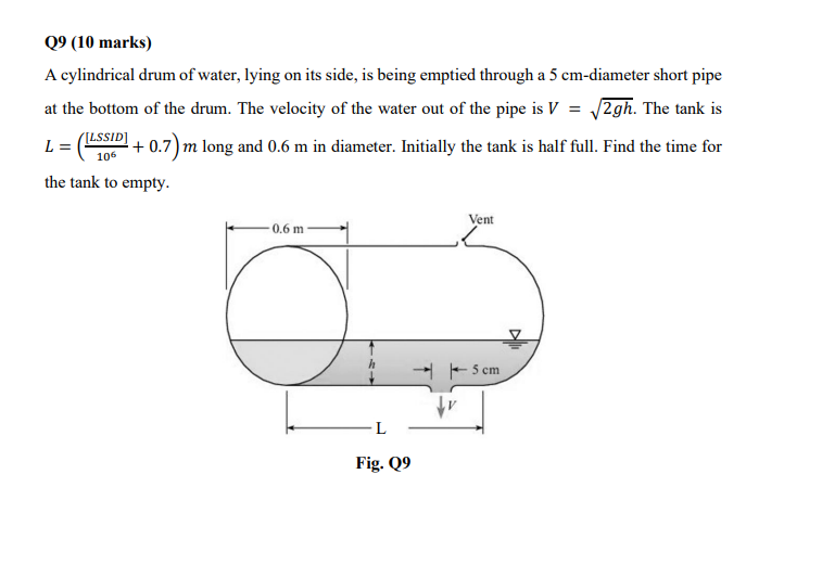 Solved Q9 10 Marks A Cylindrical Drum Of Water Lying On Chegg