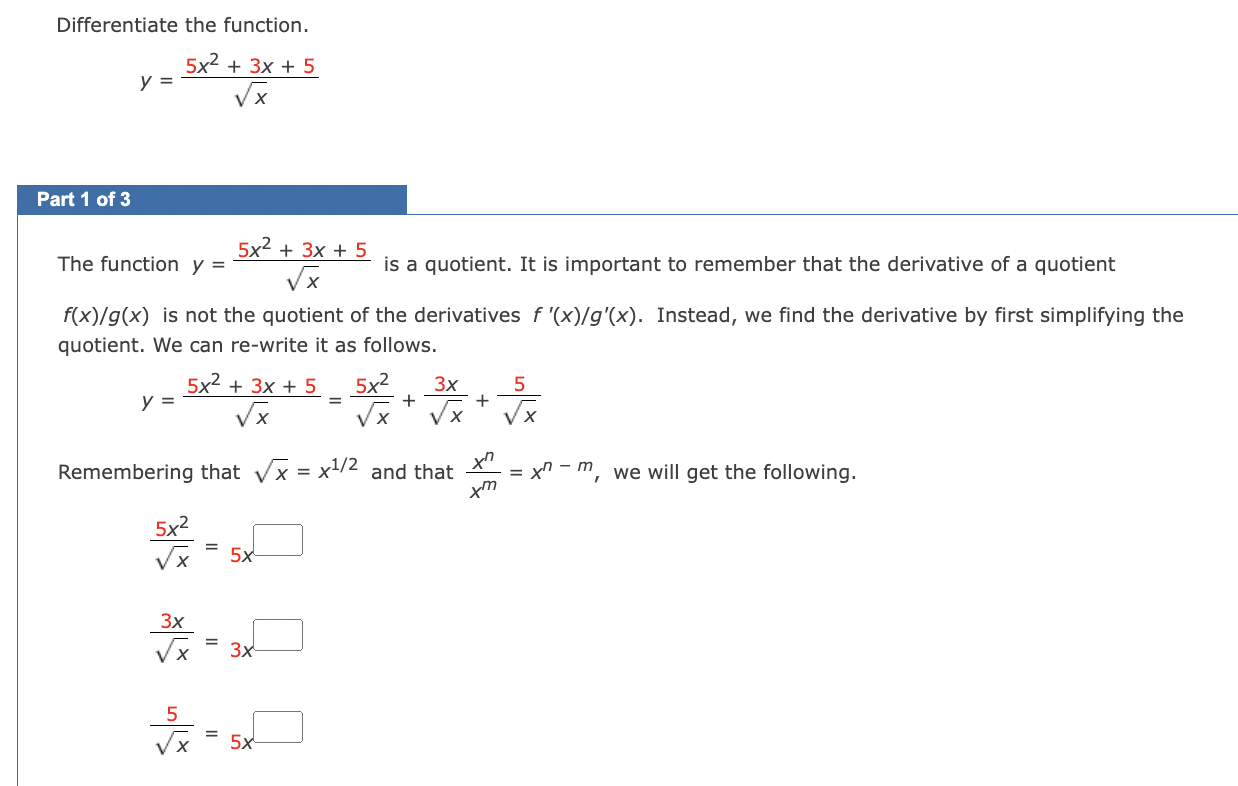 Solved Differentiate The Function Y X5x2 3x 5 Part 1 Of 3 Chegg