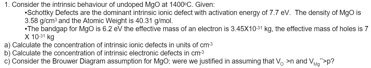 Consider The Intrinsic Behaviour Of Undoped Mgo At Chegg