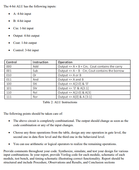 Bit Alu Design Write Verilog Code And Testbench Chegg