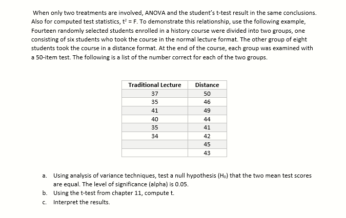 Solved When Only Two Treatments Are Involved Anova And The Chegg