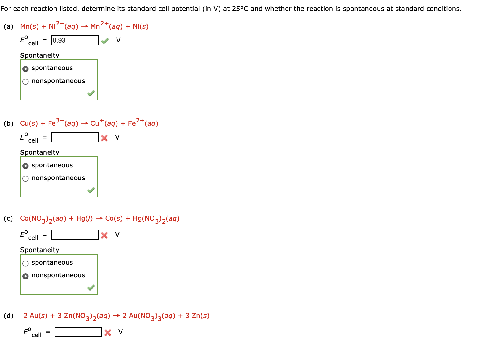 Solved For Each Reaction Listed Determine Its Standard Cell Chegg