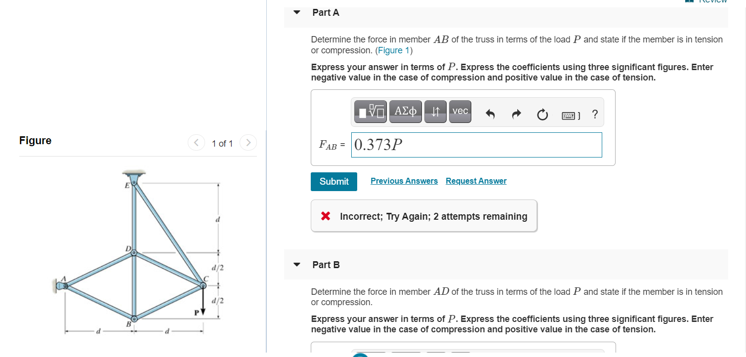 Solved Part A Determine The Force In Member AB Of The Truss Chegg