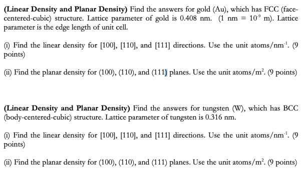 Solved Linear Density And Planar Density Find The Answers Chegg