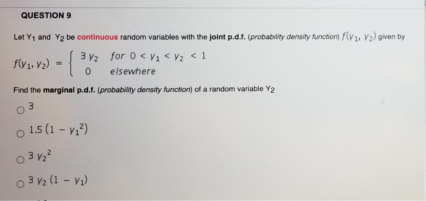 Solved QUESTION 9 Let Y1 And Y2 Be Continuous Random Chegg