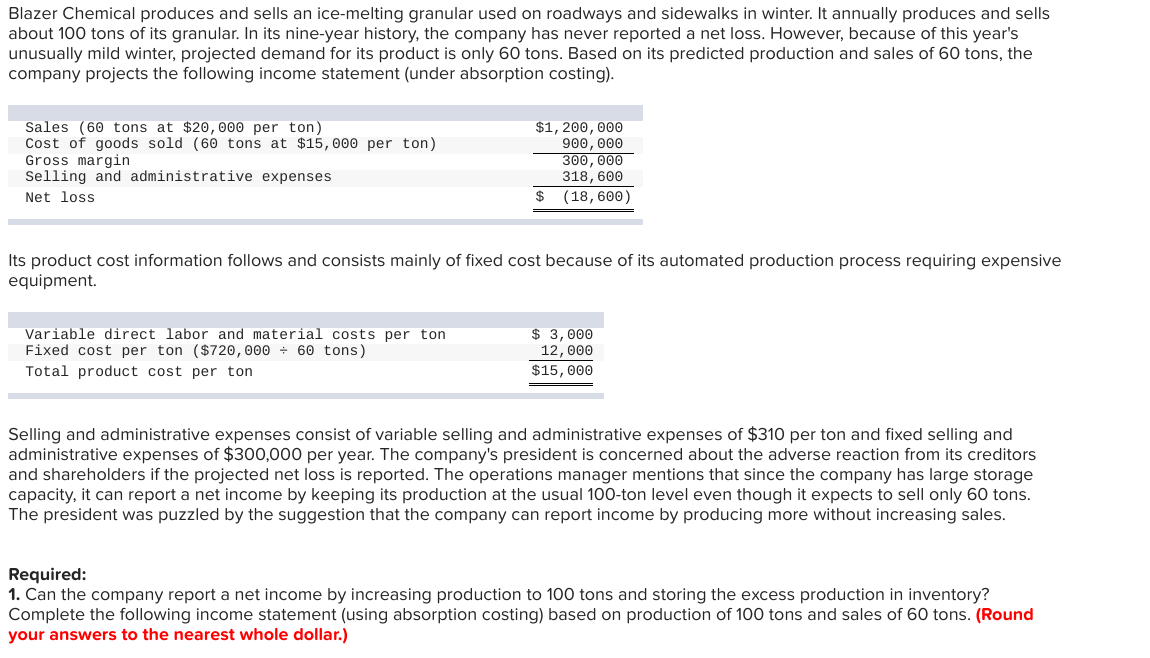 Solved Blazer Chemical Produces And Sells An Ice Melting Chegg
