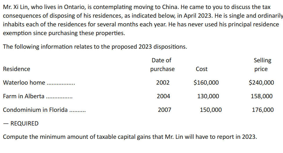 Solved Mr Xi Lin Who Lives In Ontario Is Contemplating Chegg