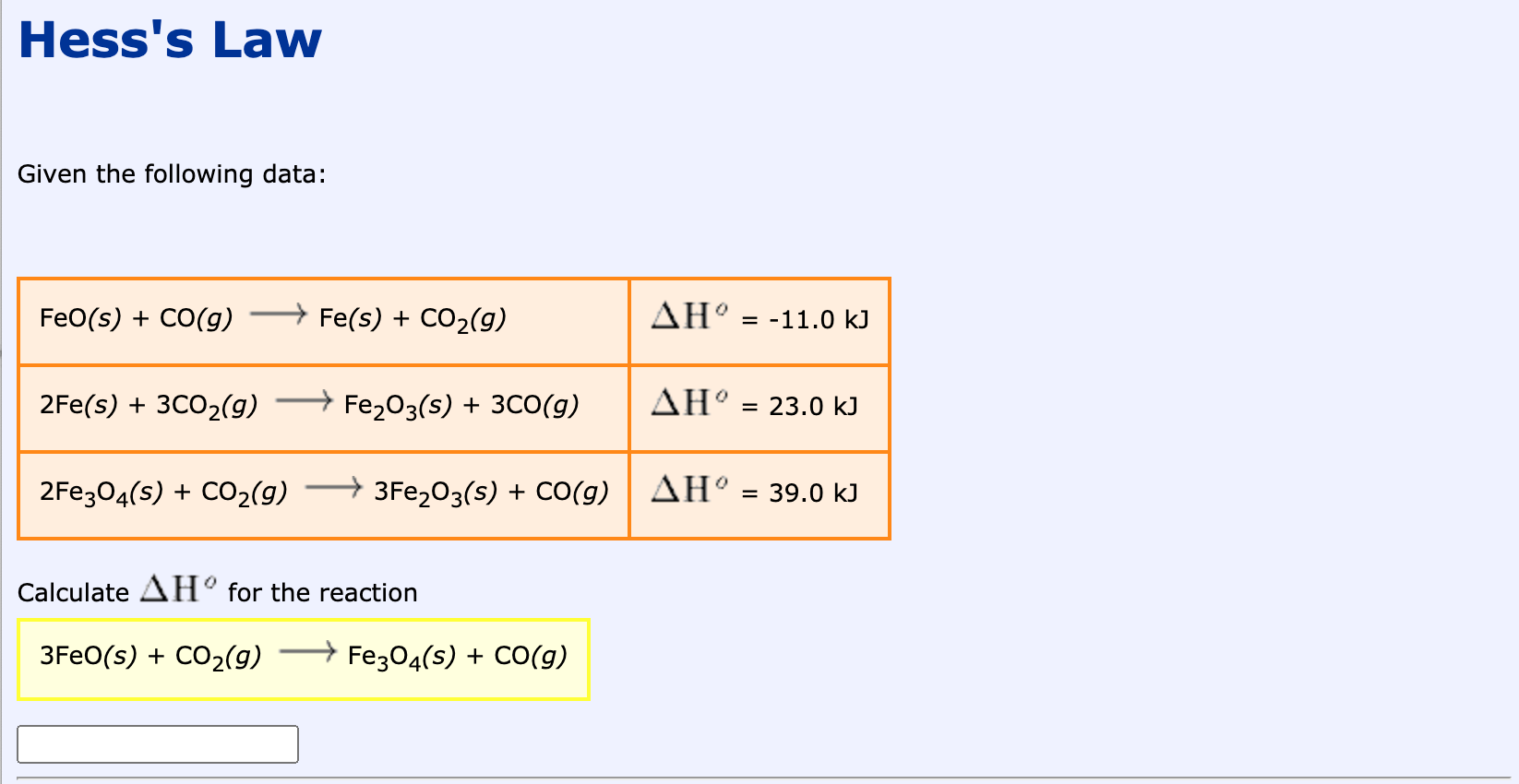 Solved Hess S Law Given The Following Data Feo S Co G Chegg