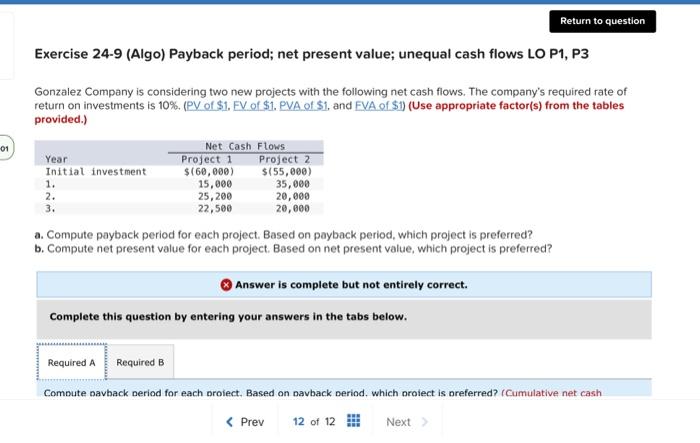 Solved Exercise Algo Payback Period Net Present Chegg