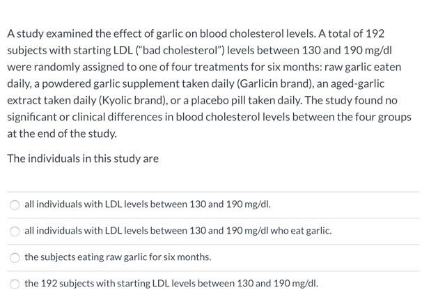 Solved A Study Examined The Effect Of Garlic On Blood Chegg