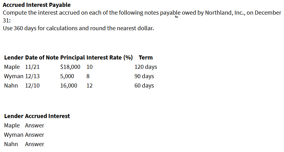 Solved Accrued Interest Payable Compute The Interest Accrued Chegg