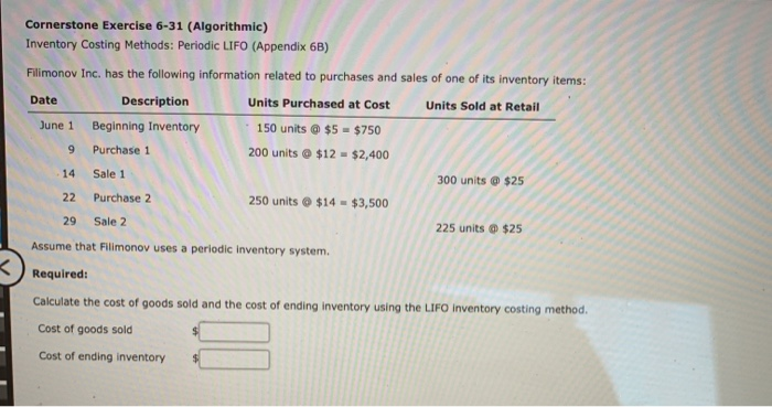 Solved Cornerstone Exercise Algorithmic Inventory Chegg