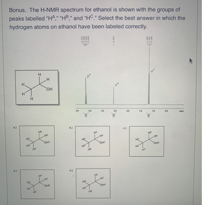 Solved Bonus The H NMR Spectrum For Ethanol Is Shown With Chegg