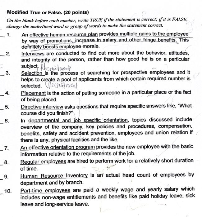 Solved Modified True Or False Points On The Blank Chegg