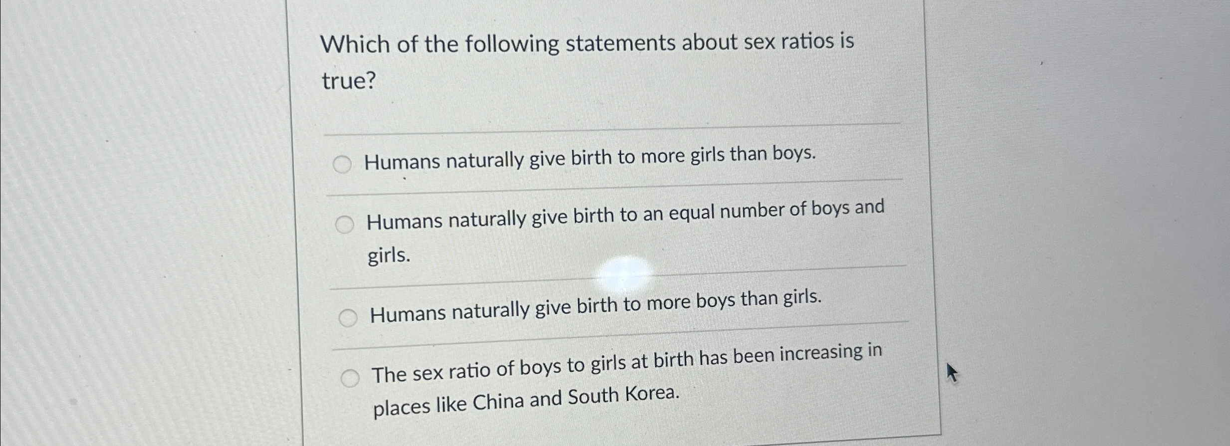 Solved Which Of The Following Statements About Sex Ratios Is Chegg