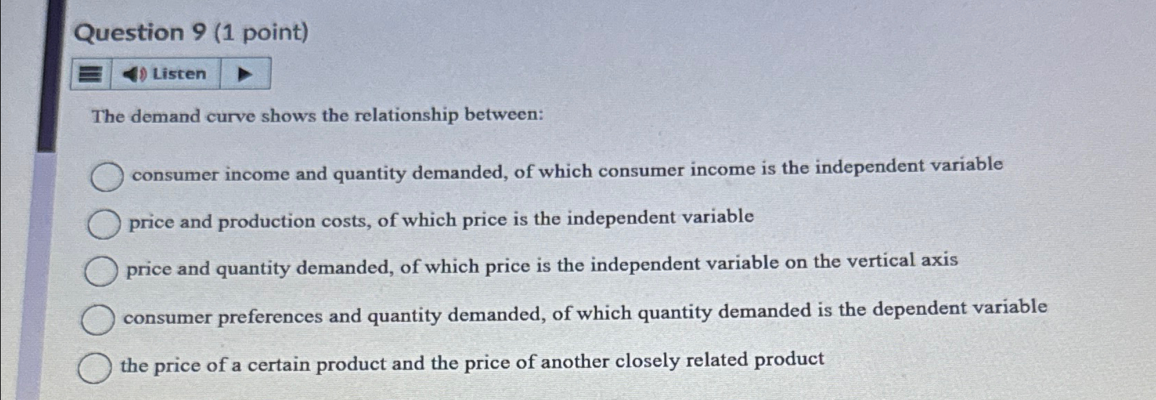 Solved Question 9 1 Point ListenThe Demand Curve Shows The Chegg